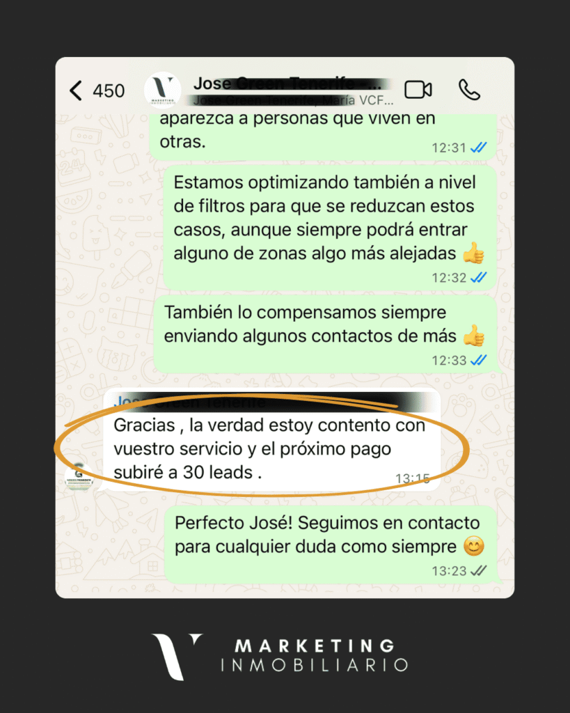 Testimonio captación de propietarios de cliente VCF Marketing Inmo. Testimonio de agente inmobiliario en Tenerife satisfecho con los leads de propietarios de VCF Marketing Inmo.