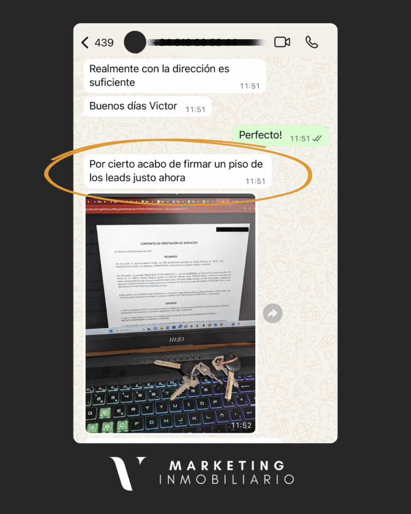 Testimonio captación de propietarios de cliente VCF Marketing Inmo. Firma de propiedad en exclusiva de un cliente de VCF Marketing Inmo. en Madrid (reseña de WhatsApp)