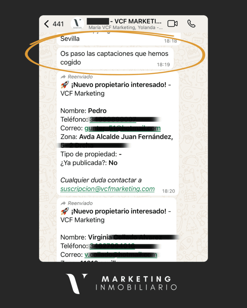 Testimonio captación de propietarios de cliente VCF Marketing Inmo. Testimonio de cliente de VCF Marketing Inmo. en Sevilla, listado de propietarios captados.