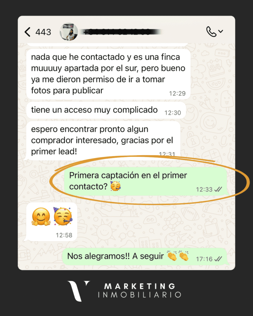 Testimonio captación de propietarios de cliente VCF Marketing Inmo. Testimonial de agente inmobiliaria en Gran Canaria que capta su primera propiedad en el primer contacto de propietario compartido por VCF Marketing Inmo.