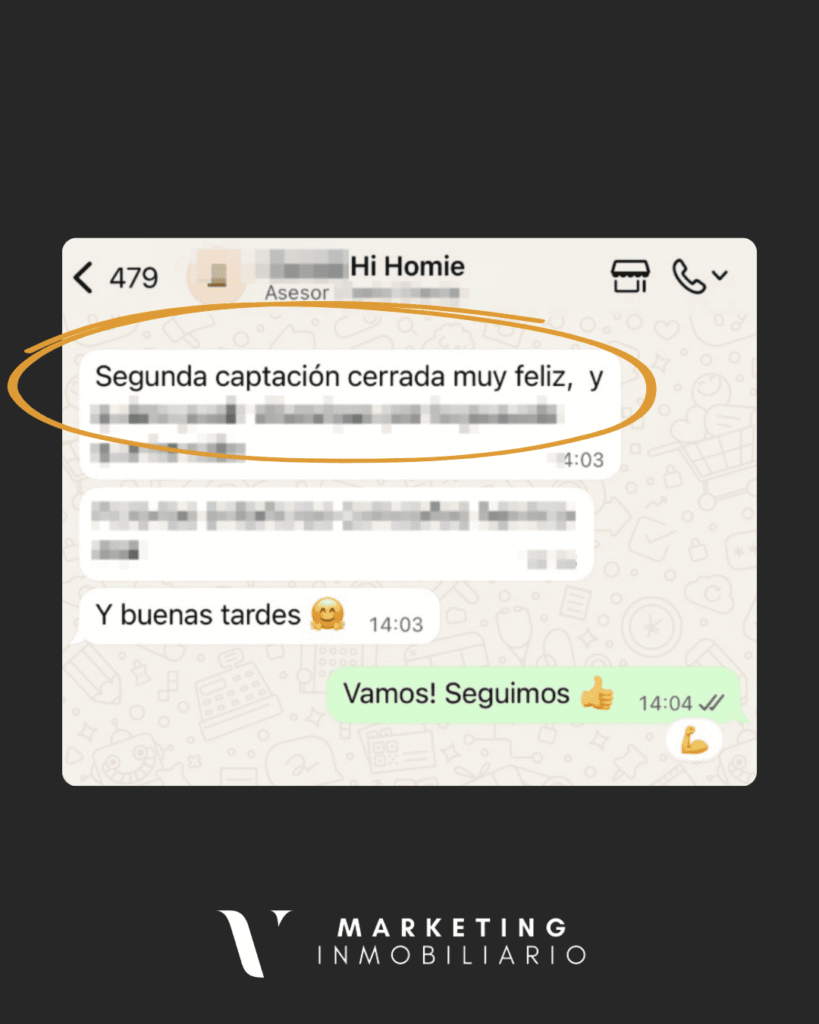 Testimonio captación de propietarios de cliente VCF Marketing Inmo. Reseña de agente inmobiliario de inmobiliaria Hi Homie en Gran Canaria: segunda captación cerrada y muy feliz recibiendo los contactos de propietarios filtrados de VCF MARKETING INMO.