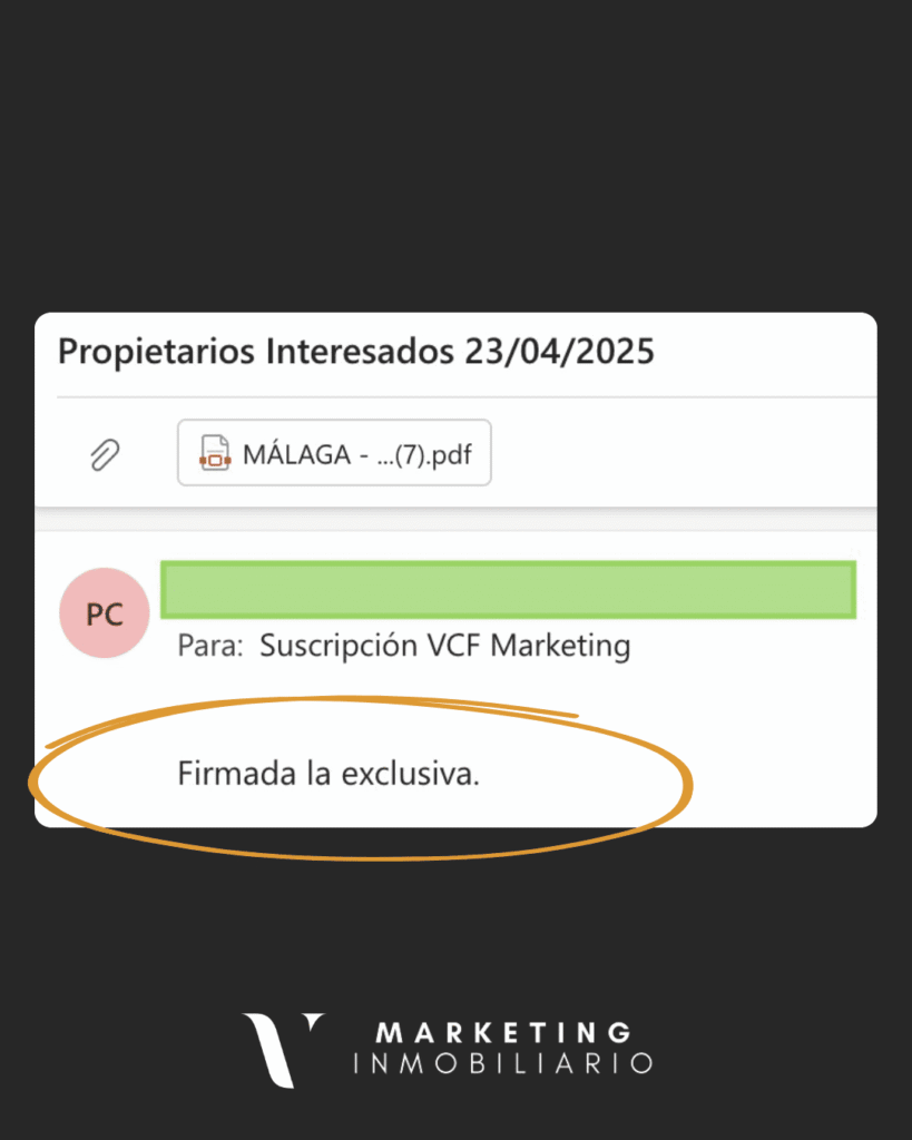 Testimonio captación de propietarios de cliente VCF Marketing Inmo. Testimonial de agente inmobiliario en Málaga: firmada la exclusiva de captación con los contactos de propietarios de VCF MARKETING INMO.