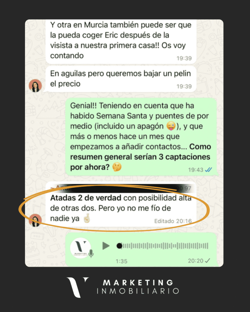 Testimonio captación de propietarios de cliente VCF Marketing Inmo. 2 captaciones más de propietarios por cliente de VCF Marketing Inmo. (estrategias de captación con marketing inmobiliario)