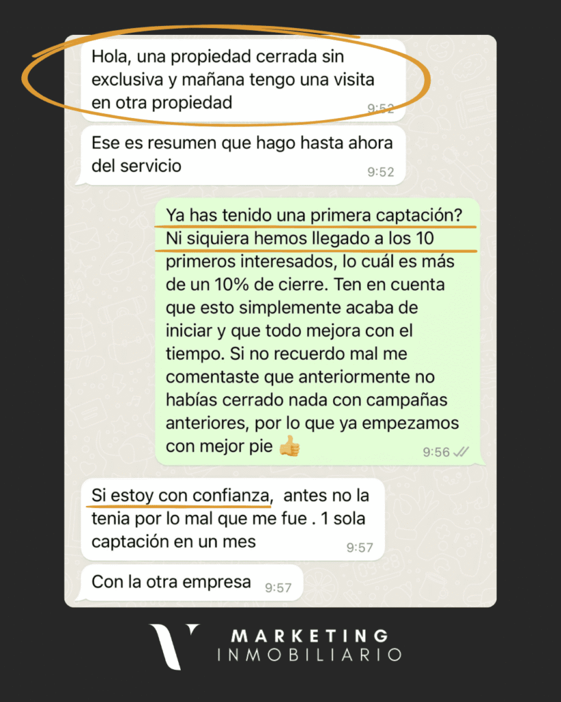 Testimonio captación de propietarios de cliente VCF Marketing Inmo. Reseña de agente inmobiliario en Gran Canaria: captaciones y visitas conseguidas con el servicio Más Captaciones recibiendo contactos de propietarios de VCF MARKETING INMO.