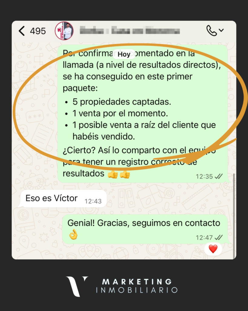Testimonio captación de propietarios de cliente VCF Marketing Inmo. Testimonio de cliente de VCF Marketing Inmo. en Menorca: 5 captaciones, 1 venta en su primer mes de servicio.