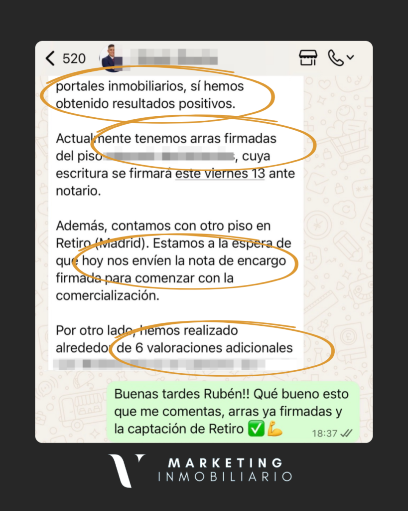 Testimonio captación de propietarios de cliente VCF Marketing Inmo. Testimonio de cliente de VCF Marketing Inmo. en Madrid para intermediación de compraventa, arras firmadas.